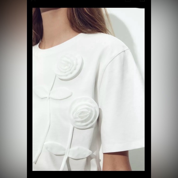 Zara White Tonal Floral T-shirt | Short Sleeves | XL | Cotton | NWT | Sold Out - Picture 2 of 12